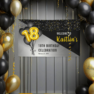 Balloons Elegant Black   Gold 18th Birthday Party  Banner