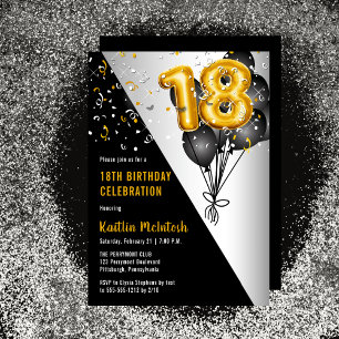 Balloons Elegant Black   Gold 18th Birthday Party Invitation