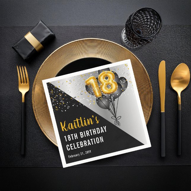 Balloons Elegant Black | Gold 18th Birthday Party  Napkin (Elegant Black Balloons and Gold Tone Balloon Numbers 18th Birthday Party Paper Napkins)
