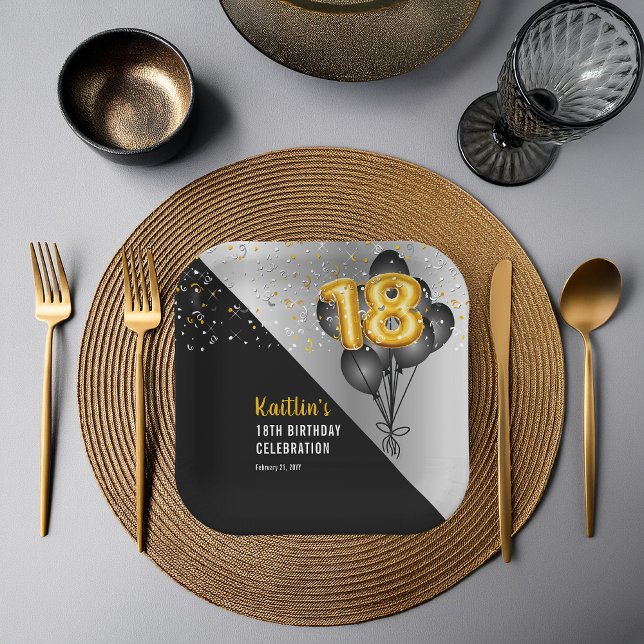 Balloons Elegant Black | Gold 18th Birthday Party  Paper Plate (Elegant Black Balloons and Gold Tone Balloon Numbers 18th Birthday Party Paper Plates)