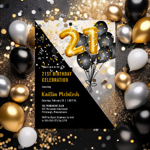 Balloons Elegant Black   Gold 21st Birthday Party Acrylic Invitations