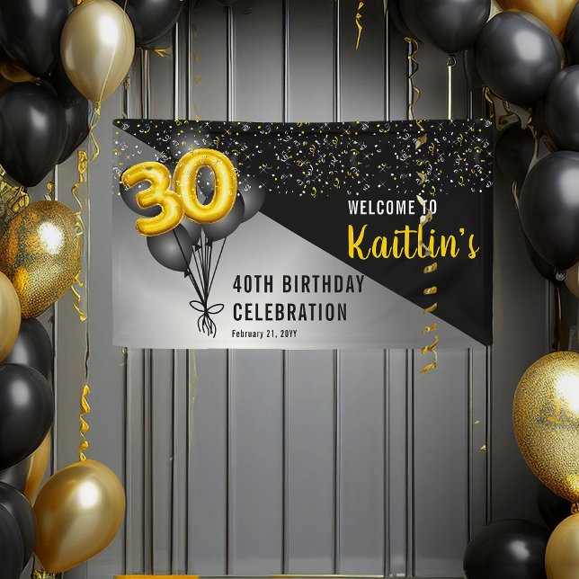 Balloons Elegant Black | Gold 30th Birthday Party  Banner (Elegant Gold Tone Balloon Numbers and Black Balloons Black, Gold, Silver 30th Birthday Party Banner)