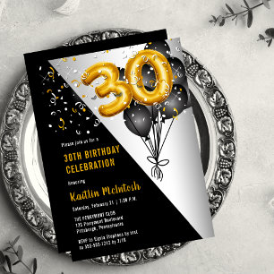 Balloons Elegant Black   Gold 30th Birthday Party Invitation