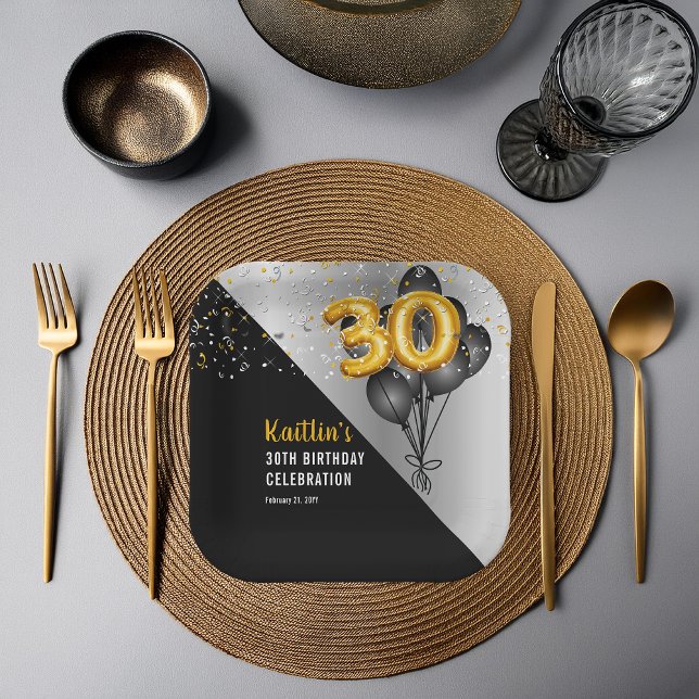 Balloons Elegant Black | Gold 30th Birthday Party  Paper Plate (Elegant Black Balloons and Gold Tone Balloon Numbers 30th Birthday Party Paper Plates)