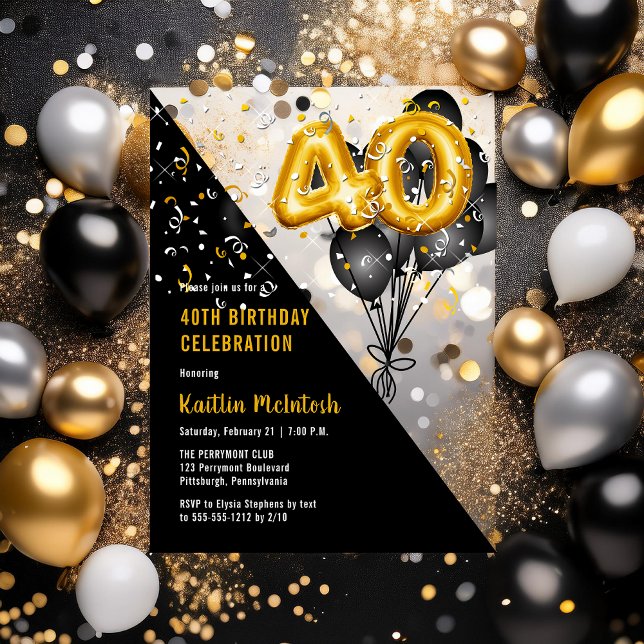 Balloons Elegant Black | Gold 40th Birthday Party Acrylic Invitations (Balloons Elegant Black and Gold Tone 40th Birthday Party Acrylic Invitations)