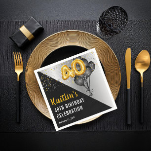 Balloons Elegant Black   Gold 40th Birthday Party  Napkin
