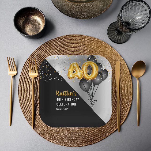 Balloons Elegant Black | Gold 40th Birthday Party  Paper Plate (Elegant Black Balloons and Gold Tone Balloon Numbers 40th Birthday Party Paper Plates)