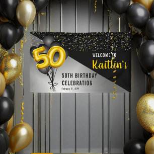 Balloons Elegant Black   Gold 50th Birthday Party Banner