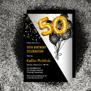 Balloons Elegant Black Gold 50th Birthday Party Invitation