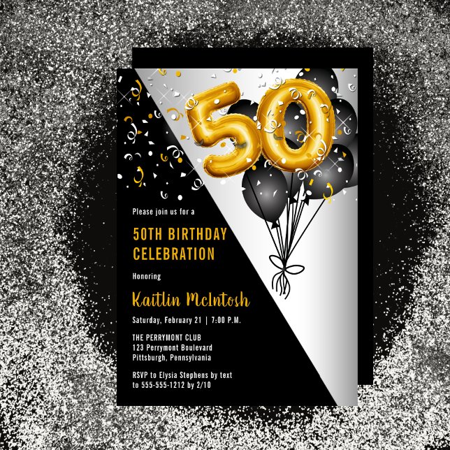 Balloons Elegant Black | Gold 50th Birthday Party Invitation (Balloons Elegant Black, Gold and Silver Tone 50th Birthday Party Invitation )