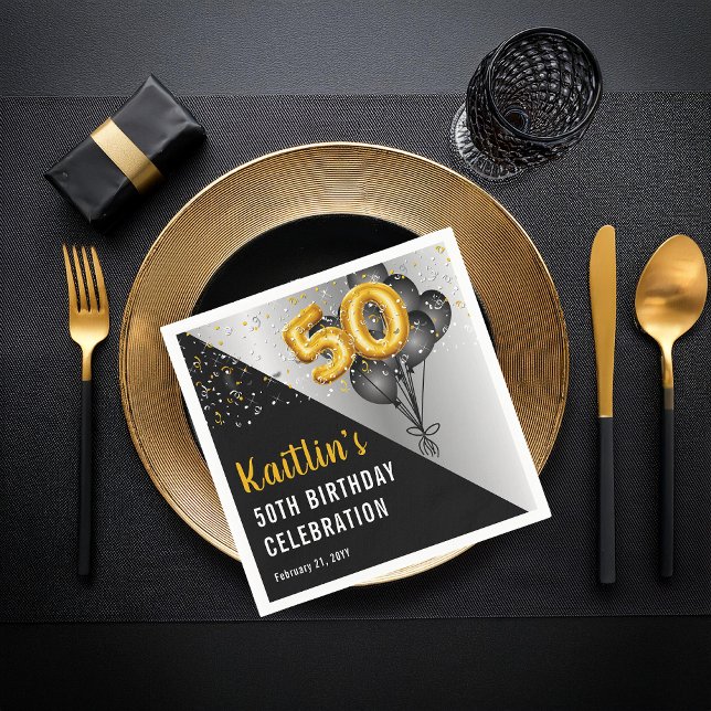 Balloons Elegant Black | Gold 50th Birthday Party  Napkin (Elegant Black Balloons and Gold Tone Balloon Numbers 50th Birthday Party Paper Napkins)