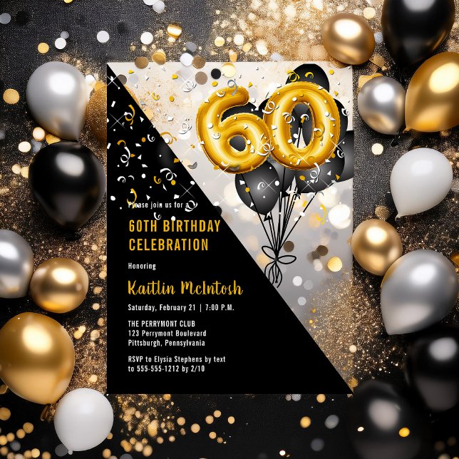 Balloons Elegant Black | Gold 60th Birthday Party Acrylic Invitations (Balloons Elegant Black and Gold Tone 60th Birthday Party Acrylic Invitations)