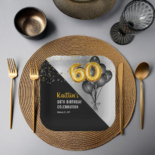 Balloons Elegant Black   Gold 60th Birthday Party  Paper Plate