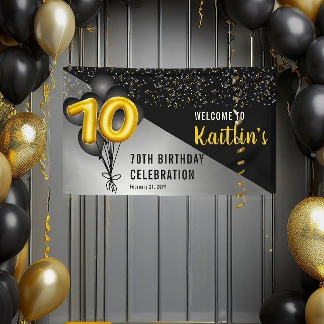 Balloons Elegant Black | Gold 70th Birthday Party Banner (Elegant Black Balloons and Gold Tone Balloon Numbers 70th Birthday Party Banner)