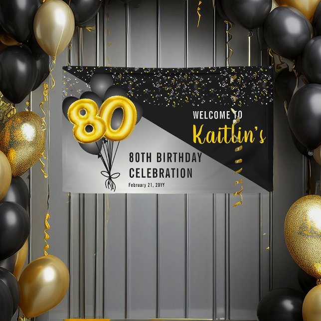 Balloons Elegant Black | Gold 80th Birthday Party  Banner (Elegant Black Balloons and Gold Tone Balloon Numbers 80th Birthday Party Banner)