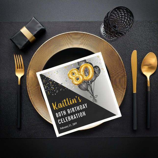 Balloons Elegant Black | Gold 80th Birthday Party  Napkin (Elegant Black Balloons and Gold Tone Balloon Numbers 80th Birthday Party Paper Napkins)