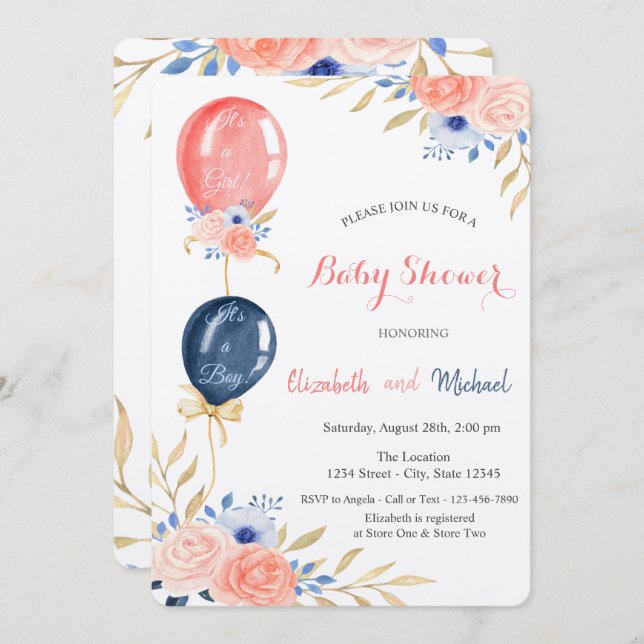 Balloons Floral Baby Shower Invitation (Front/Back)