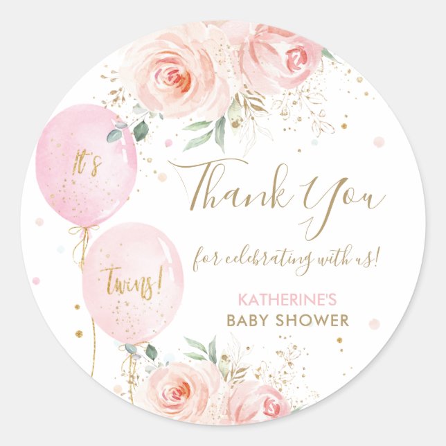 Balloons Floral Twins Baby Shower Thank You Favour Classic Round Sticker (Front)