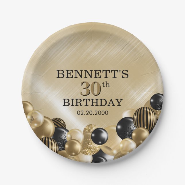 Balloons Gold Birthday Paper Plate (Front)
