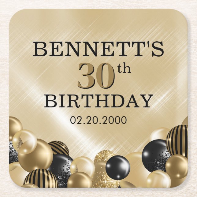 Balloons Gold Birthday Square Paper Coaster (Front)