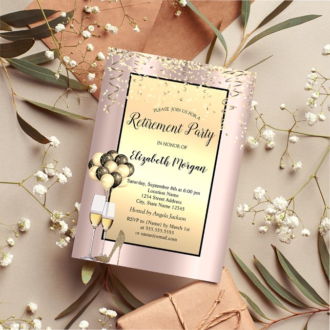 Balloons,Gold Confetti Rose Gold Retirement  Invitation (Creator Uploaded)