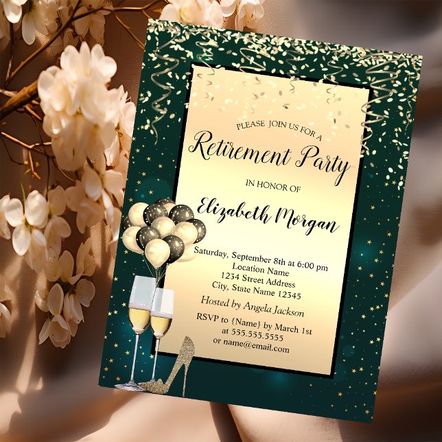 Balloons,Gold High Heels,Green Retirement Invitation (Creator Uploaded)