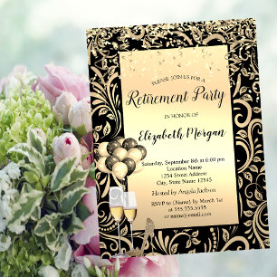 Balloons,Gold Swirls Black Retirement Invitation