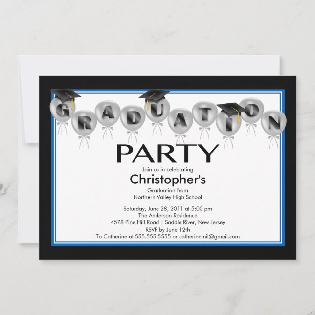 Balloons Graduation Party Invitation Black Cap (Front)