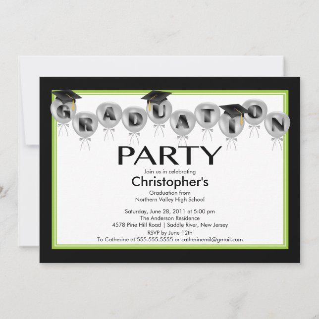 Balloons Graduation Party Invitation Black Cap (Front)