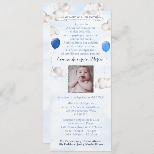 Balloons In Sky Latino Baptism Birthday Bautizo Invitation (Front/Back)