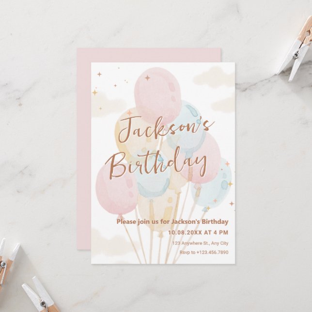 Balloons pastel watercolor birthday invitation (Front/Back In Situ)