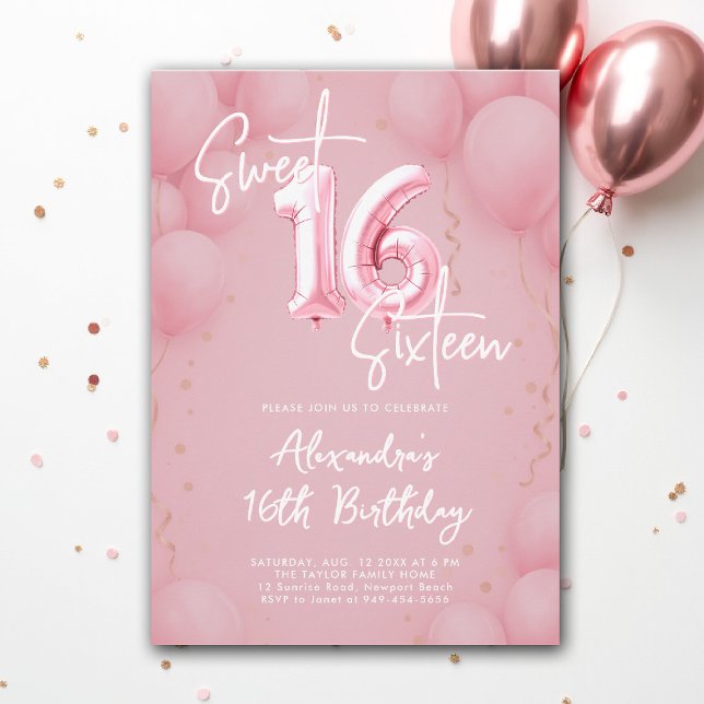 Balloons Pink Elegant Calligraphy Modern Sweet 16 Invitation (sweet sixteen invitation 16th birthday party pink balloons calligraphy milestone glam feminine)