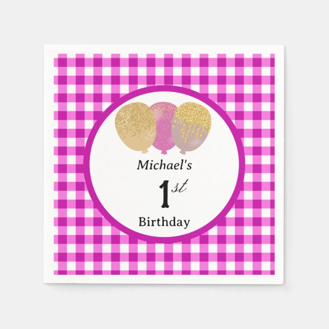 Balloons & Pink Gingham 1st Birthday Napkin (Front)