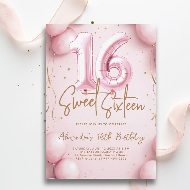 Balloons Pink Gold Calligraphy Elegant Sweet 16 Invitation (sweet sixteen invitation 16th birthday party pink gold balloons calligraphy glam feminine)