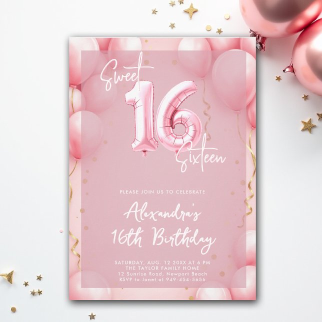 Balloons Pink Modern Calligraphy Elegant Sweet 16 Invitation (sweet sixteen invitation birthday party pink balloons calligraphy milestone glam feminine)