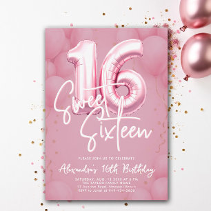Balloons Pink Modern Calligraphy Stylish Sweet 16 Invitation