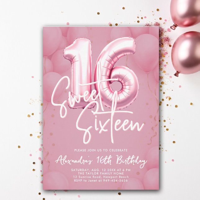 Balloons Pink Modern Calligraphy Stylish Sweet 16 Invitation (sweet sixteen invitation 16th birthday party pink purple balloons calligraphy milestone glam luxury)