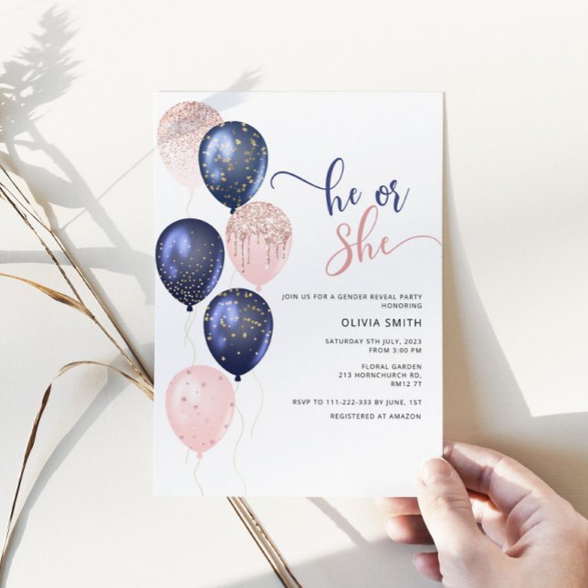 Balloons pink or blue Greenery gender reveal Invitation (Creator Uploaded)