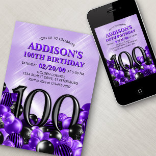 Balloons Purple 100th Birthday Invitation
