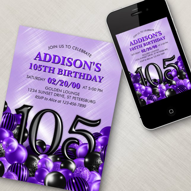 Balloons Purple 105th Birthday Invitation (Creator Uploaded)
