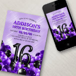 Balloons Purple 16th Birthday Invitation<br><div class="desc">Bunches and bunches of balloons—this design just doesn't hold back! Featuring bold numbers and elegant typography in a space that's literally overflowing with balloons, this design is an instant party-starter. The purple and black colour scheme and retro typography set a classic, stylish tone for your event. Perfect for the modern...</div>