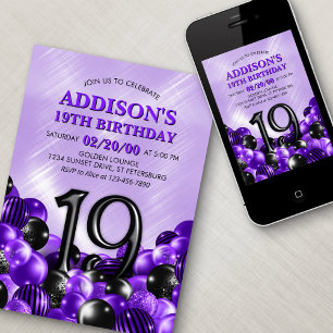 Balloons Purple 19th Birthday Invitation