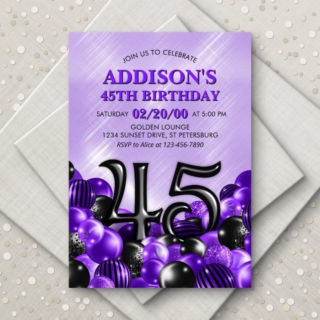 Balloons Purple 45th Birthday Invitation (Creator Uploaded)