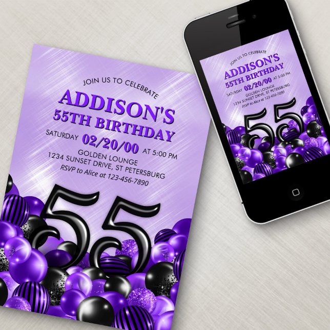 Balloons Purple 55th Birthday Invitation (Creator Uploaded)