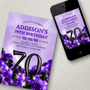 Balloons Purple 70th Birthday Invitation