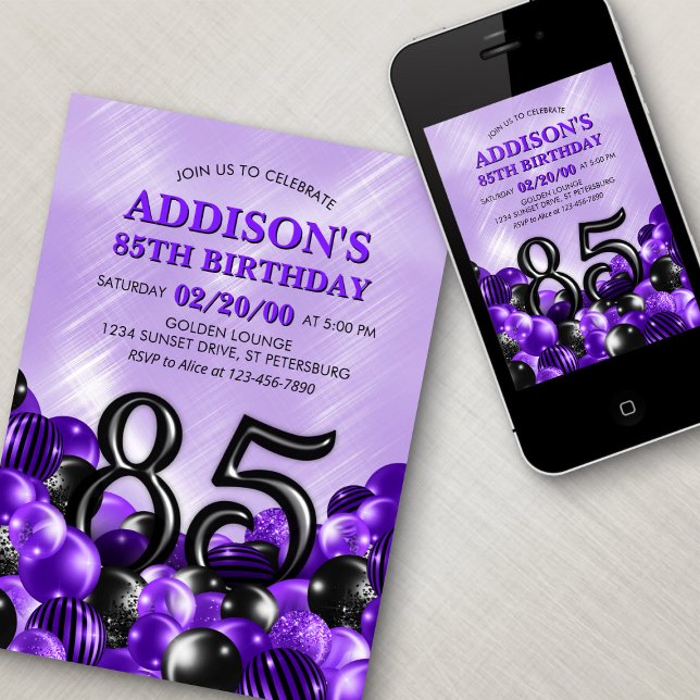 Balloons Purple 85th Birthday Invitation (Creator Uploaded)