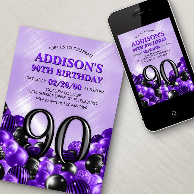 Balloons Purple 90th Birthday Invitation (Creator Uploaded)