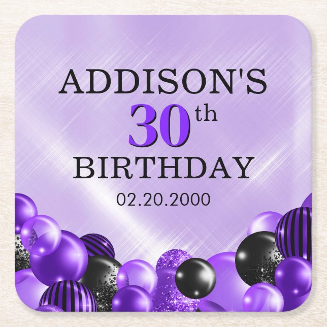 Balloons Purple Birthday Square Paper Coaster (Front)