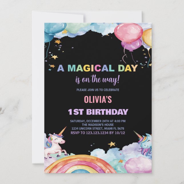 Balloons Rainbow Unicorn Birthday Invitations (Front)