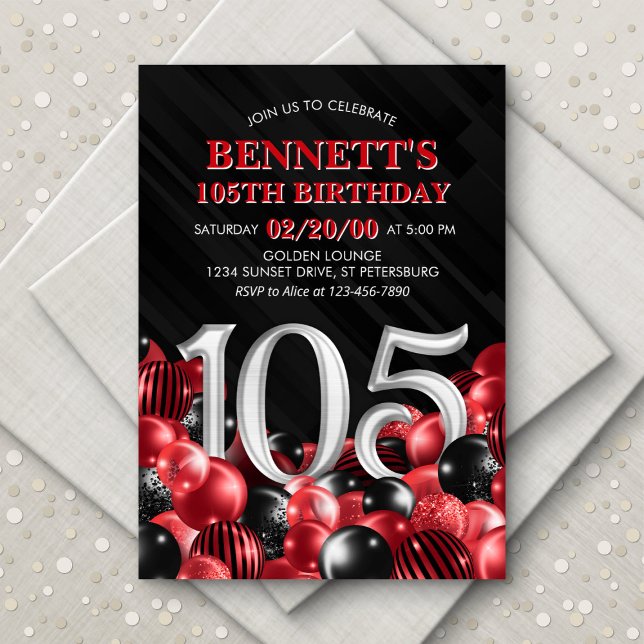 Balloons Red 105th Birthday Invitation (Creator Uploaded)